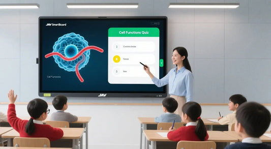 image of a teacher giving a lesson with the help of a jav smart whiteboard