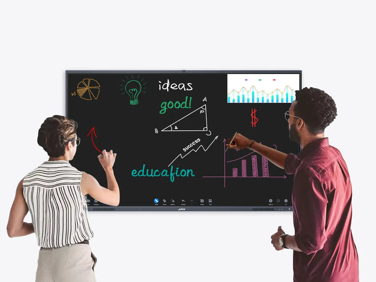 Two colleagues collaborating on ideas using the digital whiteboard features of a large JAV interactive display.