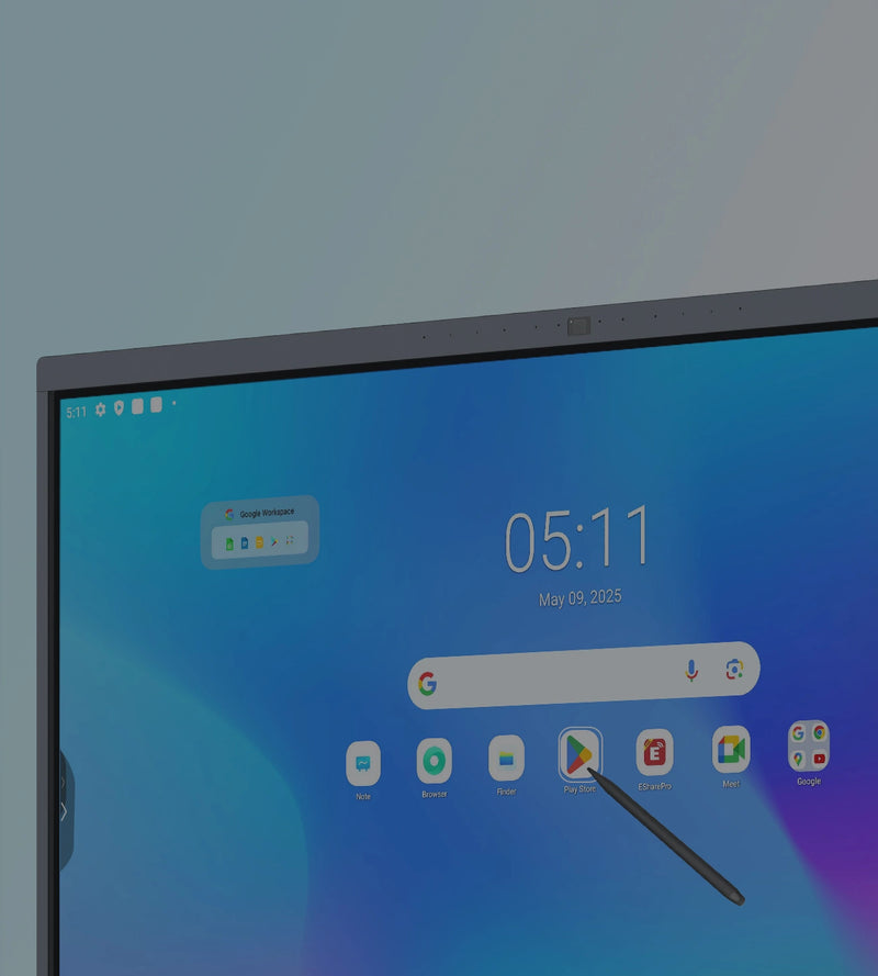 User tapping a smart board H10S pro with stylus to demonstrate interactive touchscreen function in a bright modern space mobile