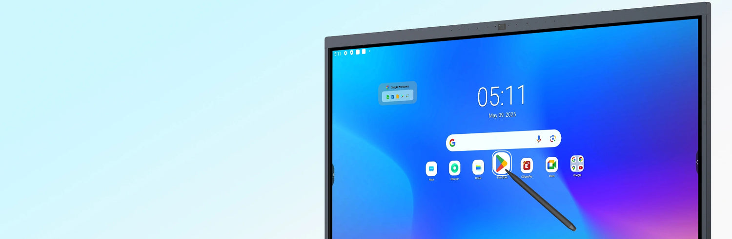 User tapping a smart board H10S pro with stylus to demonstrate interactive touchscreen function in a bright modern space