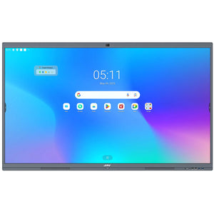 Product shot of the JAV H10S Pro 65'' smart board displaying the Android home screen with Google search bar and application icons.