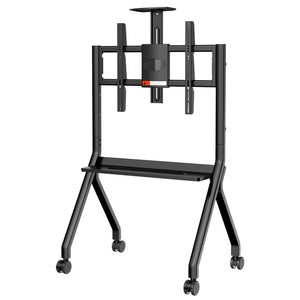 The JAV FD570 floor stand shown without a display, highlighting its A-frame structure, wheels, accessory shelf, and VESA mounting plate