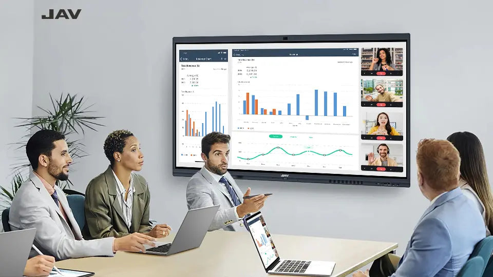 a modern hybrid meeting with the help of a jav smart board.