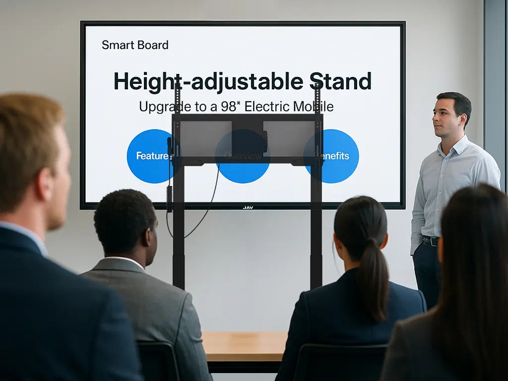 A rear-corner meeting attendee struggles to see the 98-inch smart board, with multiple people blocking the view — highlighting the need for adjustable screen height.