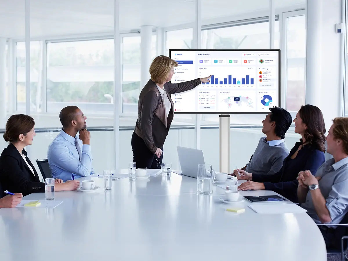 A business team uses the JAV Z Pro smart board in horizontal mode to present data dashboards during a meeting.