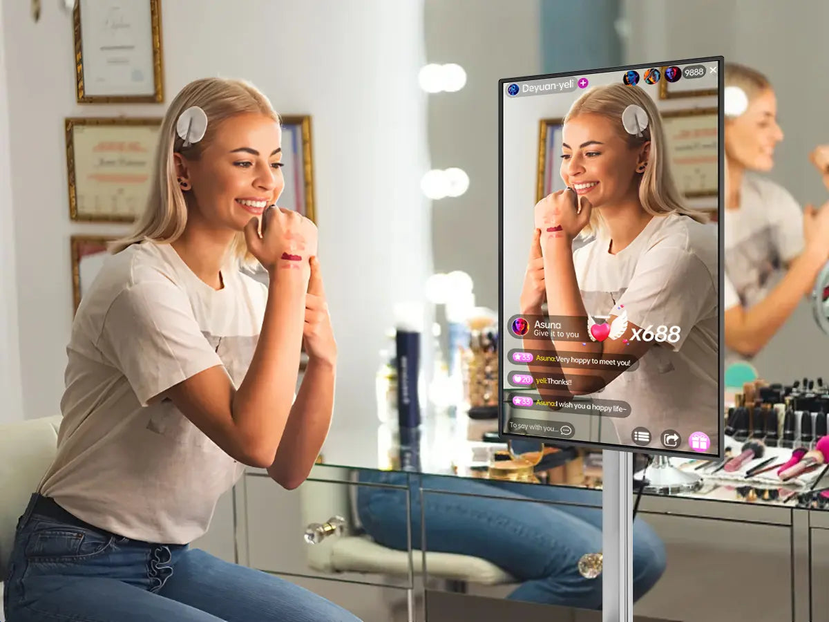 A beauty livestreamer uses the JAV Z Pro smart board in vertical mode to engage her audience with interactive comments and high-quality visuals.