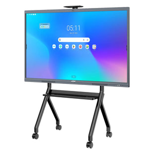 Front view of the JAV H10S Pro 86'' interactive display mounted on its black mobile rolling stand with shelves and caster wheels.