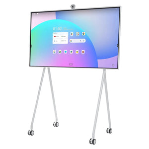 JAV Smart Board with Mobile Stand: Ready to use anywhere. Image shows the JAV interactive display on a wheeled stand, with a user-friendly interface and app icons.