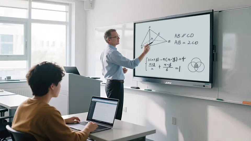 University professor using a stylus to annotate slides on a large JAV Board while a student casts content from a laptop.