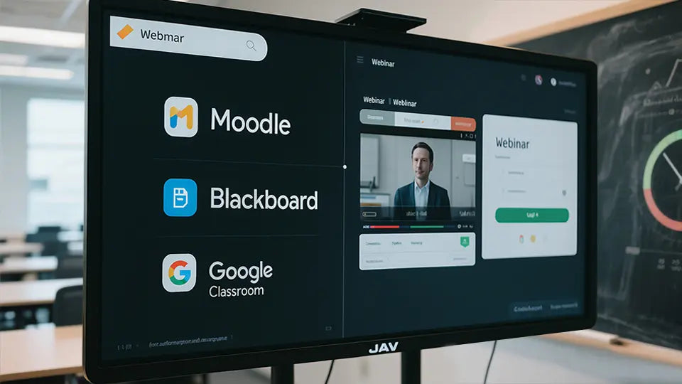 JAV Board screen displaying integration with university LMS platforms like Moodle and Canvas, alongside teaching app icons