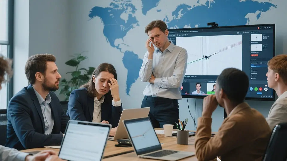 Frustrated hybrid team with split video call screens and mismatched tools, struggling to share content between office and remote workers.