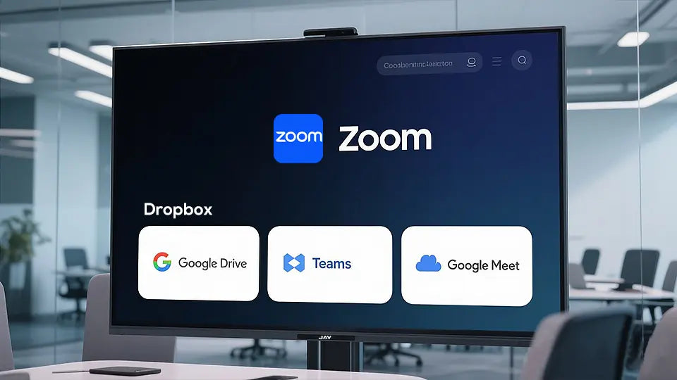 JAV Board interface with video conferencing and cloud storage apps side-by-side, ready for remote access