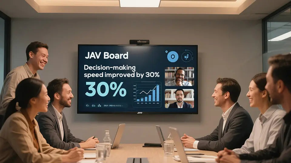 Hybrid team using JAV Board, showing real-time updates and collaboration quotes on screen, smiling participants across locations.