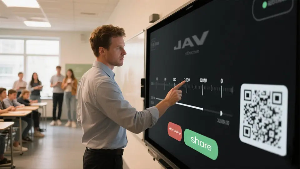 A university staff member tapping a QR code share button on the JAV Board after recording a lecture.