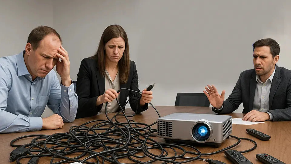 image of a messy table with cables for a projector.
