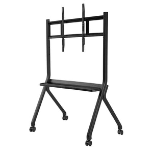 Black mobile rolling TV stand for 55 to 85 inch JAV Smart Boards. Features include lockable wheels, a utility shelf, and adjustable screen mount. Ideal for interactive displays and presentations.