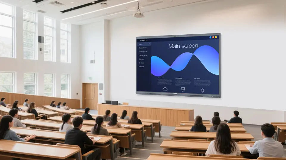 Large university lecture hall with wall-mounted JAV Board positioned at the center, showing a presentation to a room of seated students.