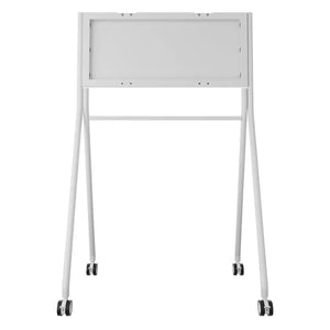 White wheeled smartboard rolling stand for JAV 65-inch H13 interactive displays, with mounting brackets and shelf.