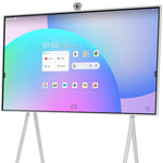 White JAV Smart Board on Mobile Stand: Clean and modern design. Image features the JAV interactive display in white on a wheeled stand, showing its user-friendly interface.