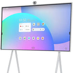 White JAV Smart Board on Mobile Stand: Clean and modern design. Image features the JAV interactive display in white on a wheeled stand, showing its user-friendly interface.