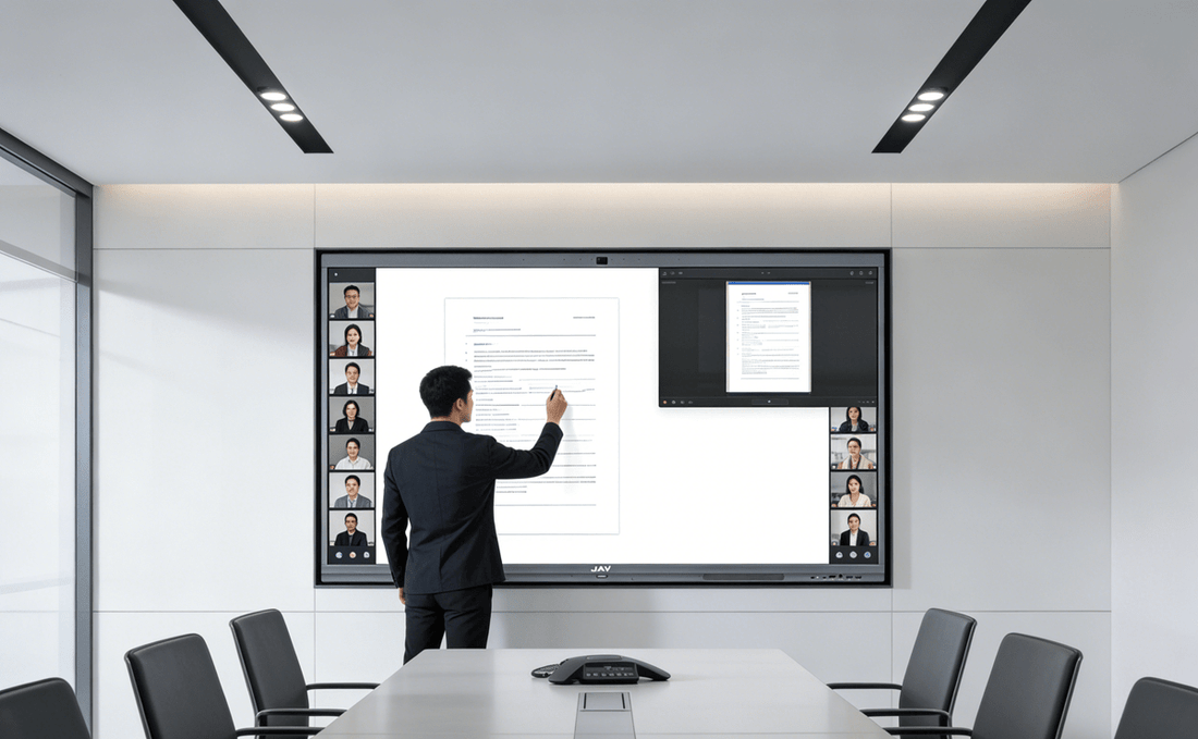 A modern smart conference room centered around a large interactive display used for video conferencing. 