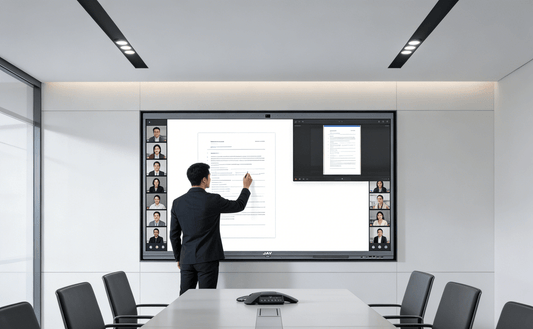 A modern smart conference room centered around a large interactive display used for video conferencing. 