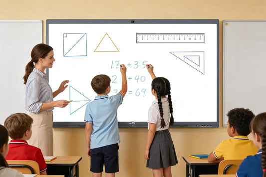 Two primary school students standing at a JAV interactive whiteboard solving math problems together. The screen shows geometric shapes, rulers, and handwritten numbers created digitally.