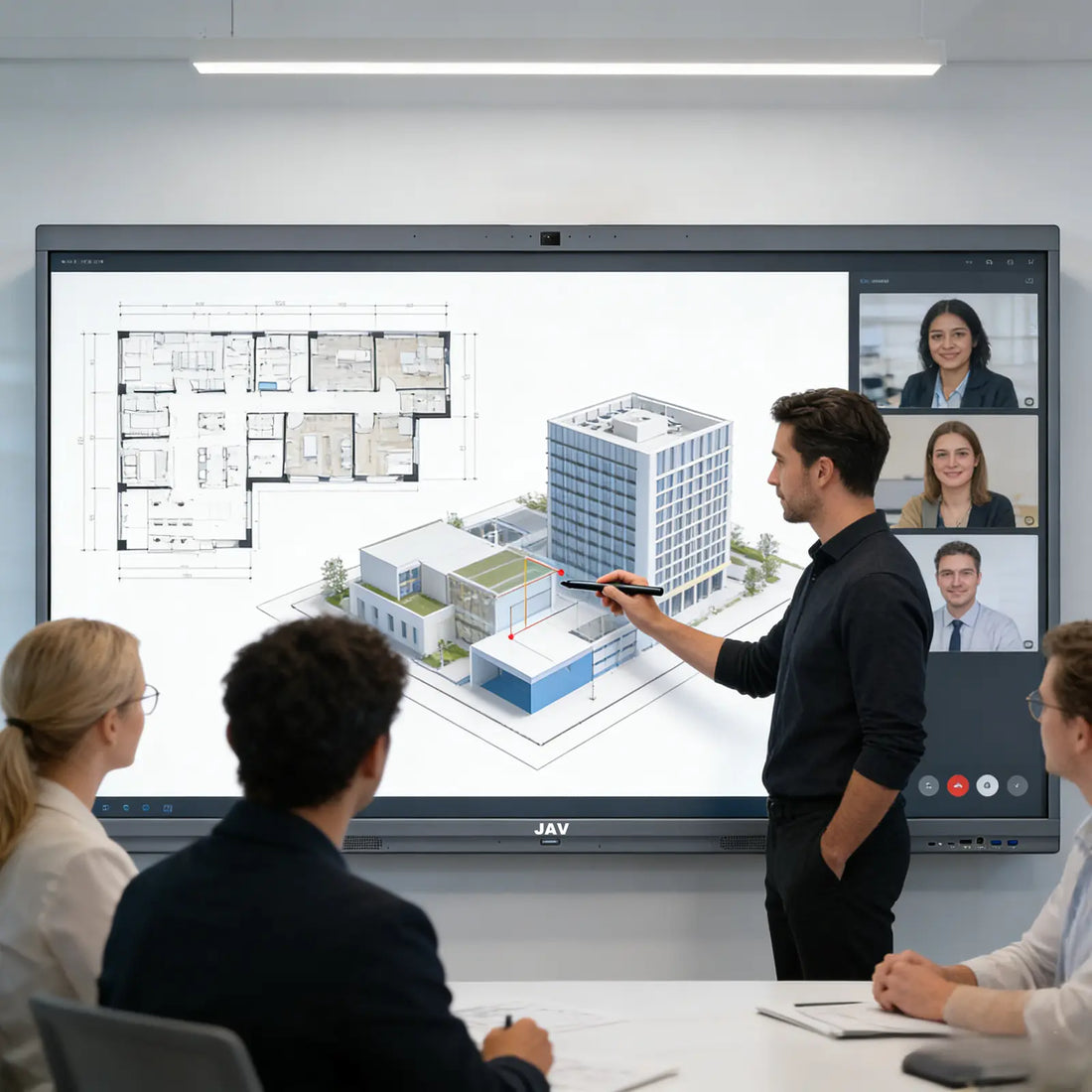 design firm using a JAV H10S Pro Interactive Display for project discussion to recude miscommunication in the workplace