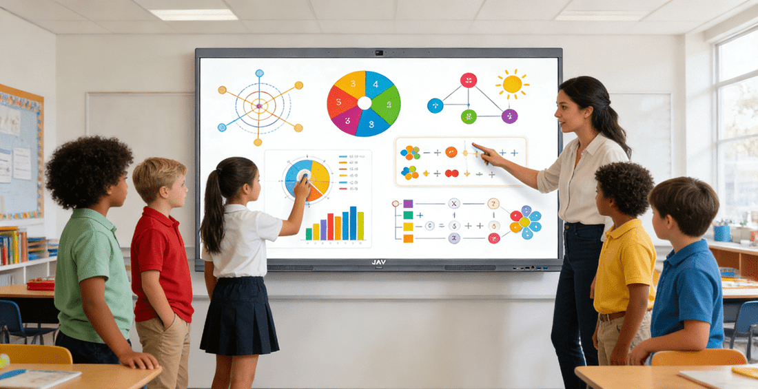 A modern elementary classroom with a large interactive whiteboard at the front, showing colorful educational visuals, charts, and animations. A teacher is explaining a lesson while students watch attentively.