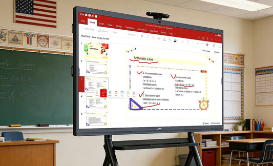 A JAV H10S Pro Interactive Whiteboard for Education in the classroom displaying a powerpoint presentation with annotations on it.