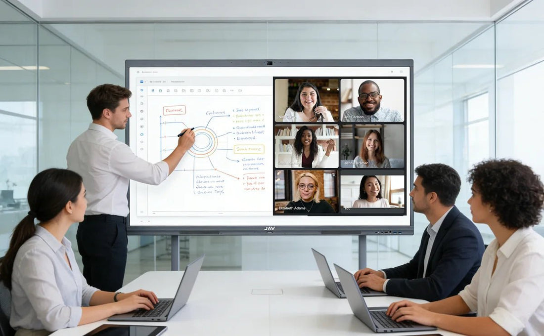 A modern hybrid meeting environment in a corporate office, featuring a diverse team collaborating using a smart board.