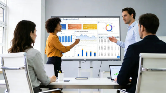 A group of professionals discussing sales performance with the help of a JAV H10S Pro smart board