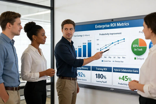 a group of professionals discussing the roi of buying a smart board