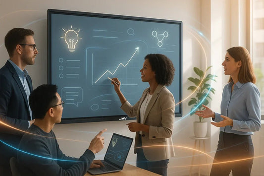 image of a group of professionals brainstorming with the help of a smart board.