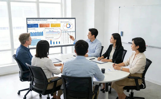 A modern office huddle room with 4–6 people collaborating, a JAV Smart Board displaying charts 
