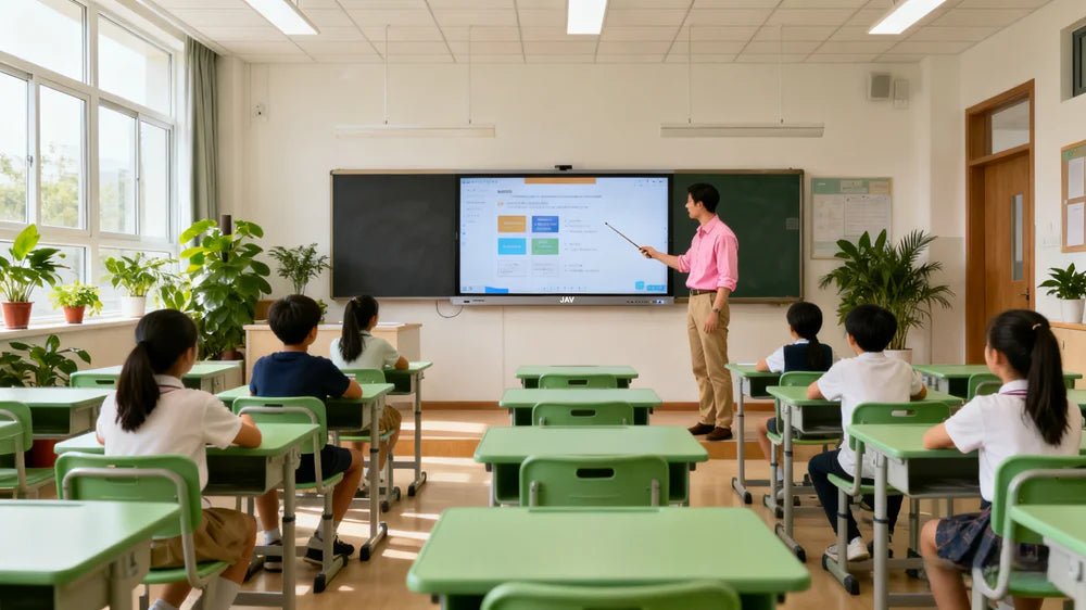 Teacher using a smart board for teaching in the classroom
