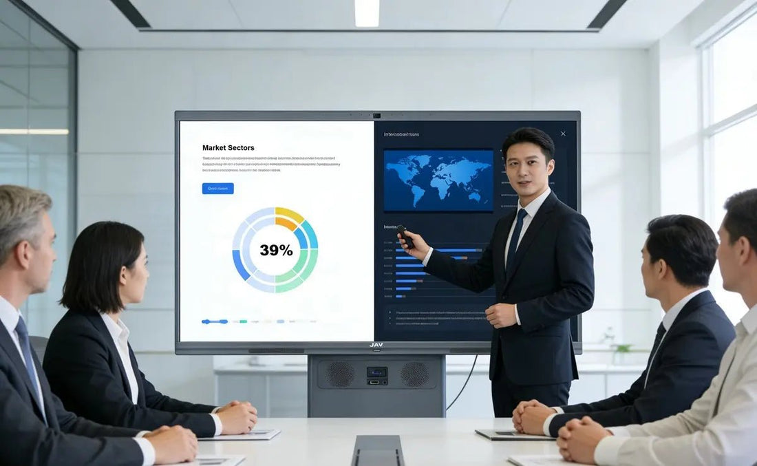 A modern corporate meeting room with a professional presenter using a smart board for office to deliver a business presentation