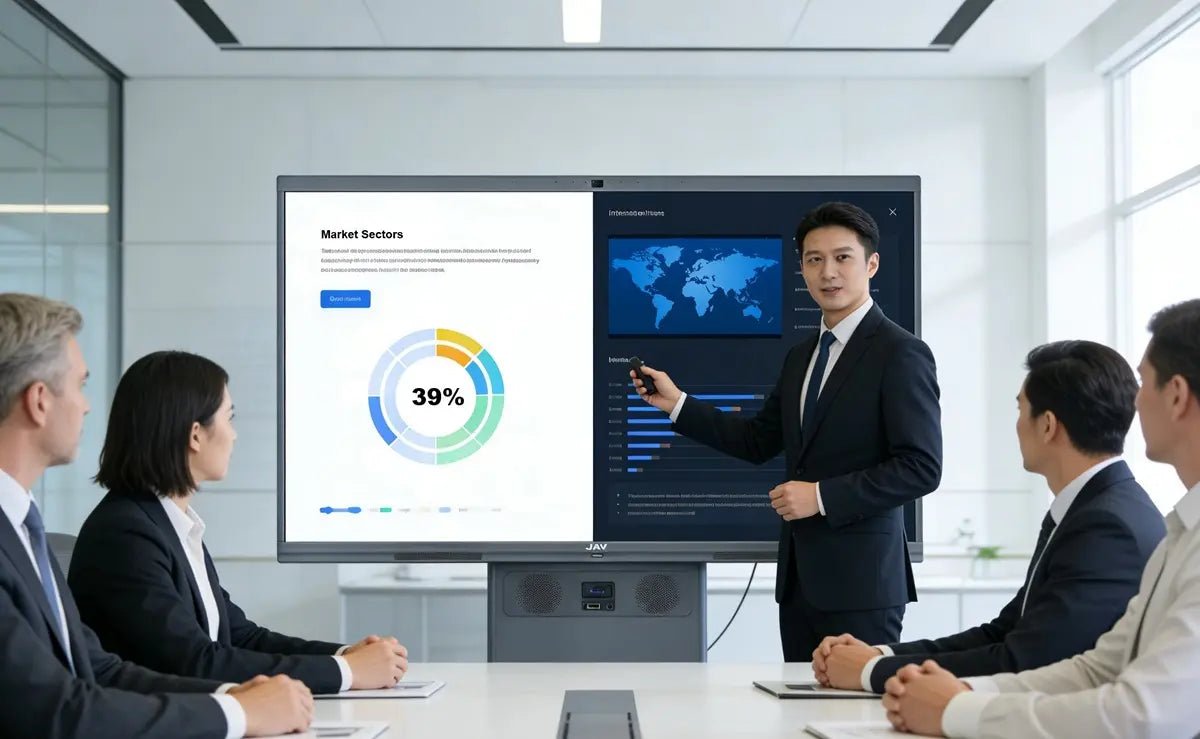 A modern corporate meeting room with a professional presenter using a smart board for office to deliver a business presentation