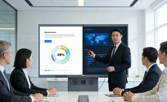 A modern corporate meeting room with a professional presenter using a smart board for office to deliver a business presentation