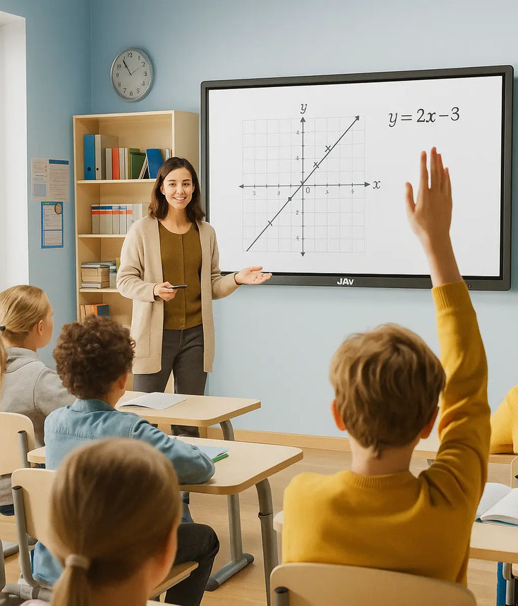 teacher using jav smart board to conduct a class with students engaged.