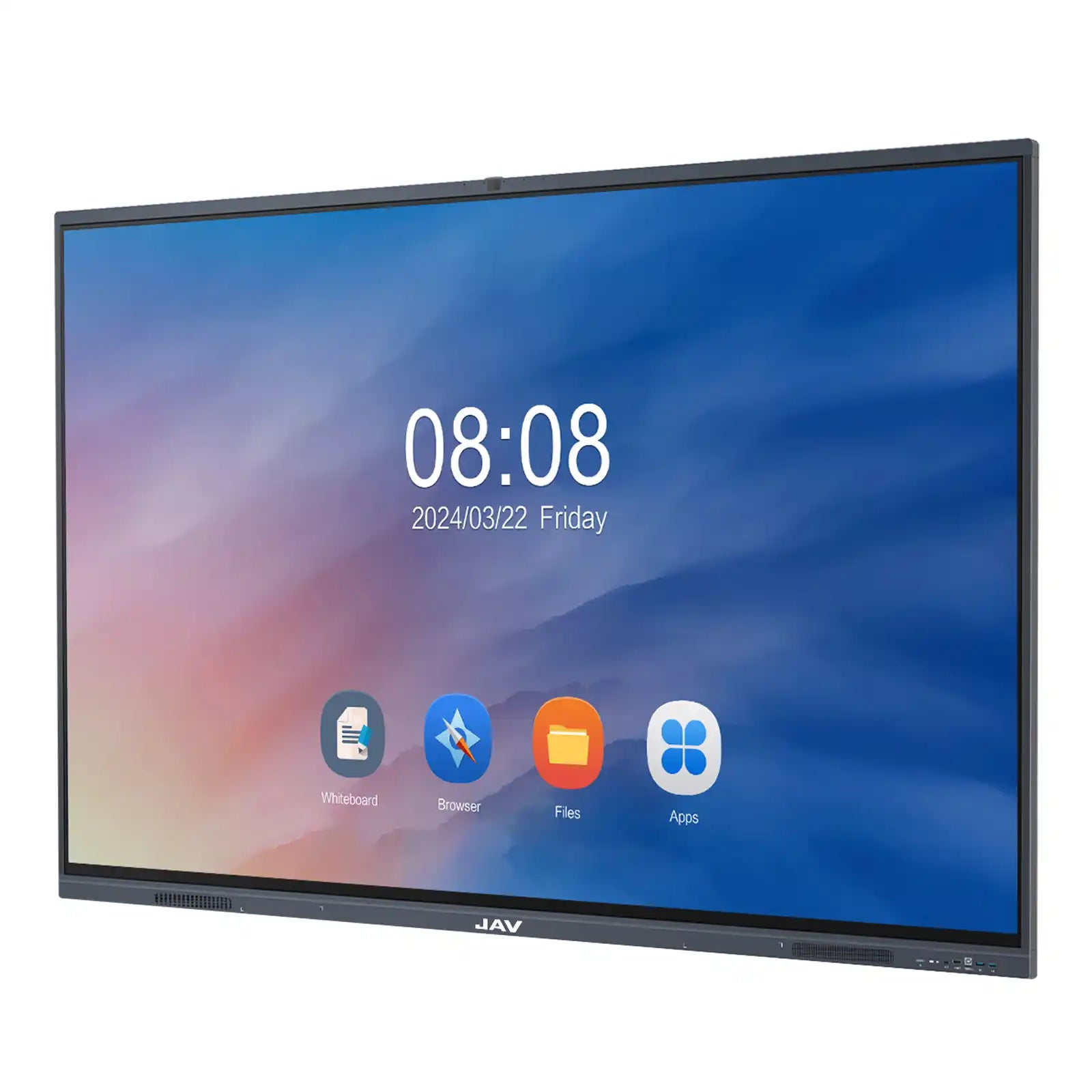 Slightly angled front view of a JAV interactive flat panel showing its simplified home screen with time, date, and core app icons.