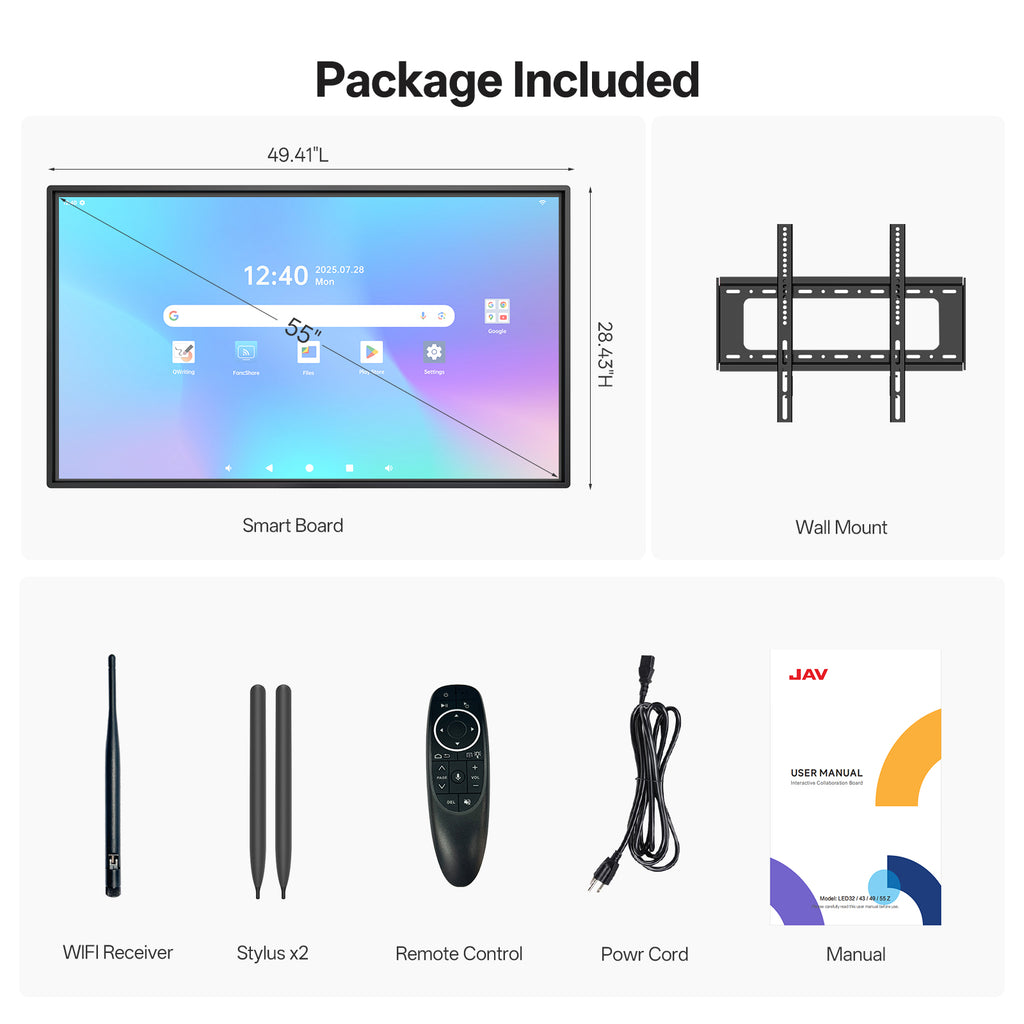 55-inch JAV Z Series rotatable smart board package contents with wall mount, WiFi receiver, two stylus pens, remote control, power cord, and user manual.