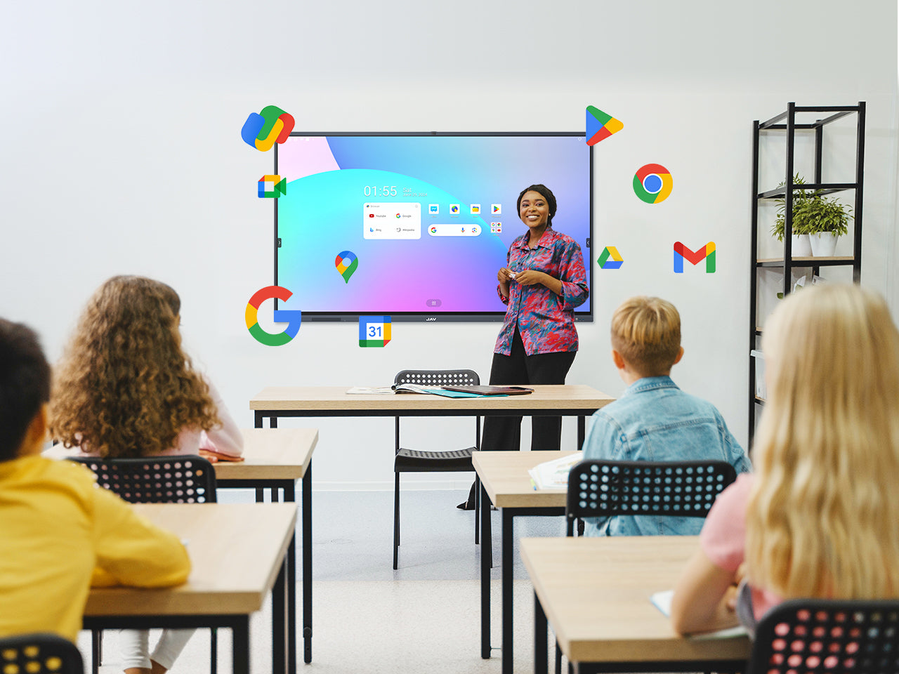 JAV smart board being used for teaching in a classroom environment, highlighting its integration with the Google app ecosystem (Drive, Gmail, Play Store etc.).