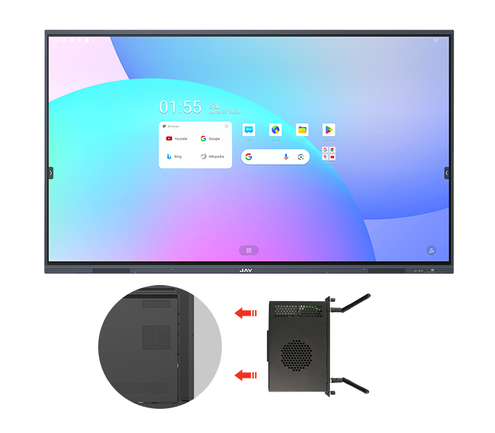 JAV interactive flat panel featuring an accessible OPS slot, with a diagram showing the insertion of a compatible computer module.