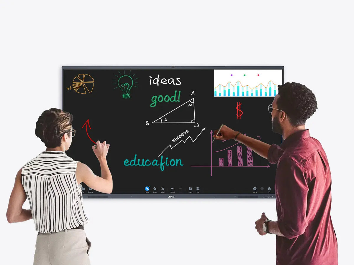 Two colleagues collaborating on ideas using the digital whiteboard features of a large JAV interactive display.