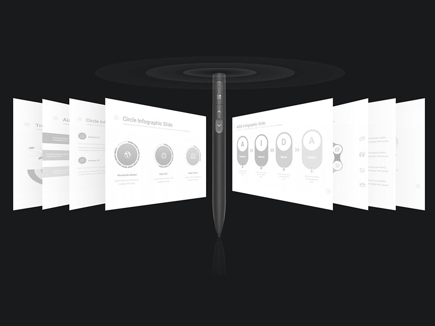 Illustration of a sleek stylus for interactive displays, used for navigating and annotating digital documents or presentation slides.