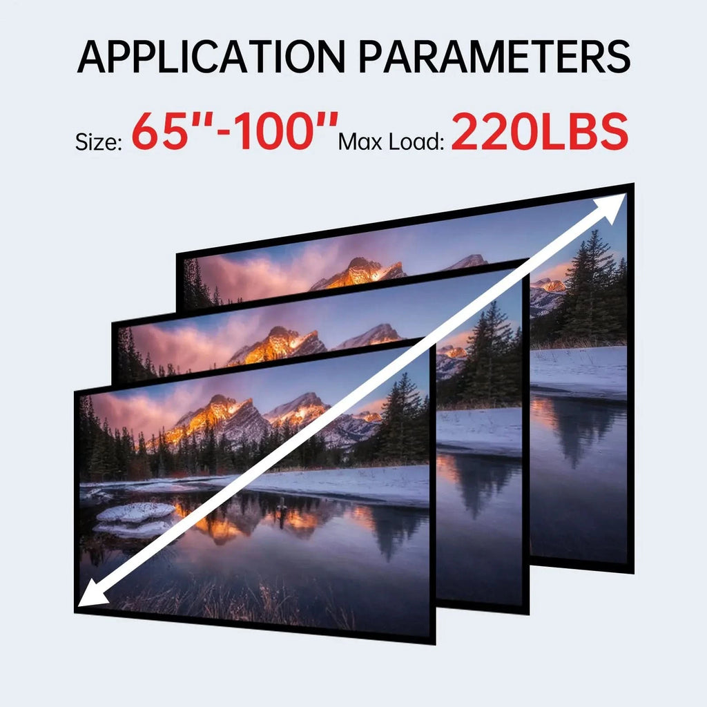 Image showing application parameters for JAV Smart Board mobile rolling stand. Key specs: Screen size compatibility 65-100 inches, maximum load capacity 220 lbs. The image uses screen size progression to illustrate the range