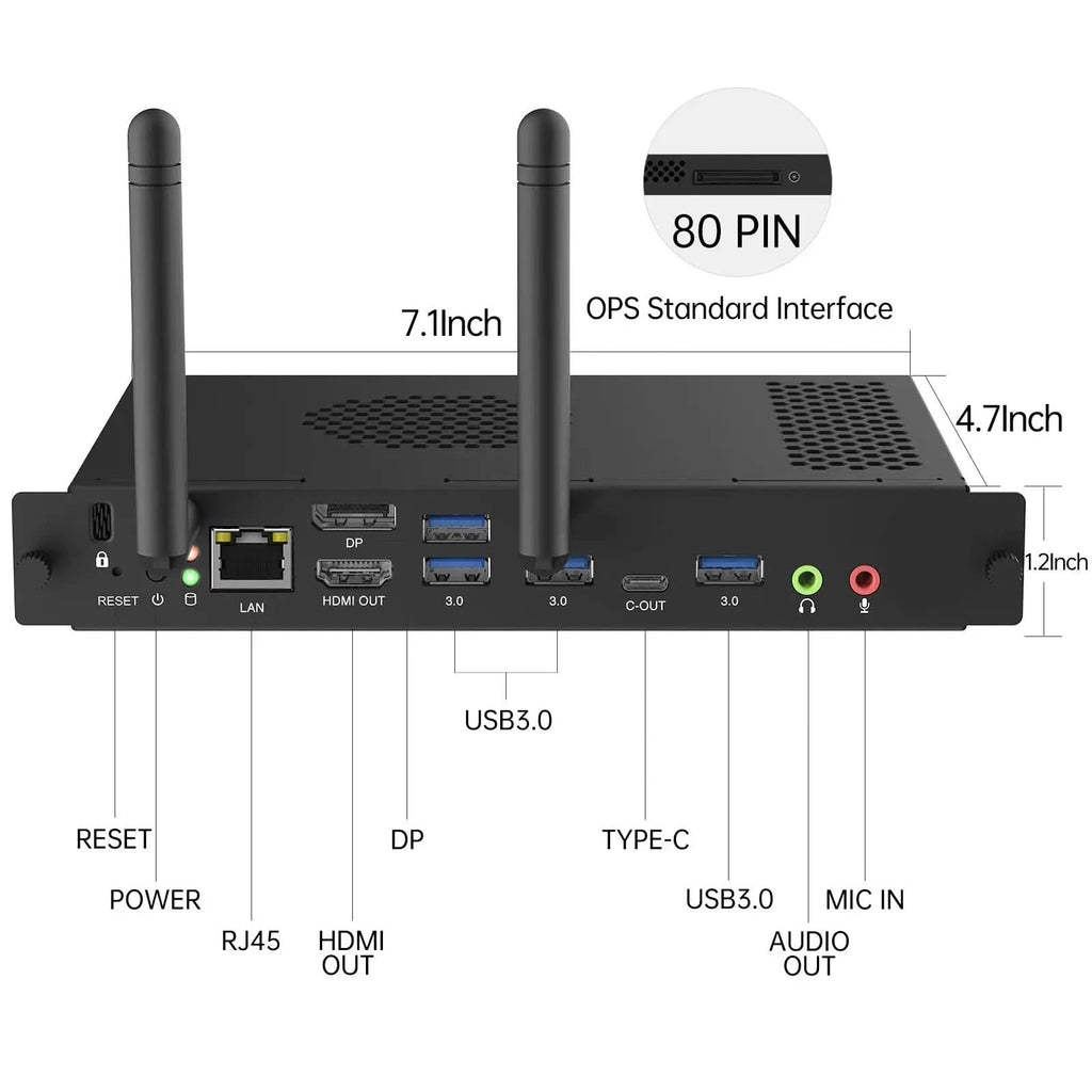 Technical diagram detailing dimensions and ports of the JAV Windows OPS 72A Mini PC Module. Key dimensions labeled include: 7.1-inch width, 4.7-inch height, and 1.2-inch depth. Ports clearly marked are: RESET, POWER, RJ45 LAN, HDMI Out, DisplayPort (DP), USB 3.0, USB-C (Type-C), and audio input/output jacks. The diagram also highlights the 80-PIN OPS Standard Interface. This image provides technical specifications for system integrators and product specifications.