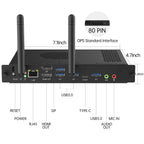Technical diagram detailing dimensions and ports of the JAV Windows OPS 72A Mini PC Module. Key dimensions labeled include: 7.1-inch width, 4.7-inch height, and 1.2-inch depth. Ports clearly marked are: RESET, POWER, RJ45 LAN, HDMI Out, DisplayPort (DP), USB 3.0, USB-C (Type-C), and audio input/output jacks. The diagram also highlights the 80-PIN OPS Standard Interface. This image provides technical specifications for system integrators and product specifications.
