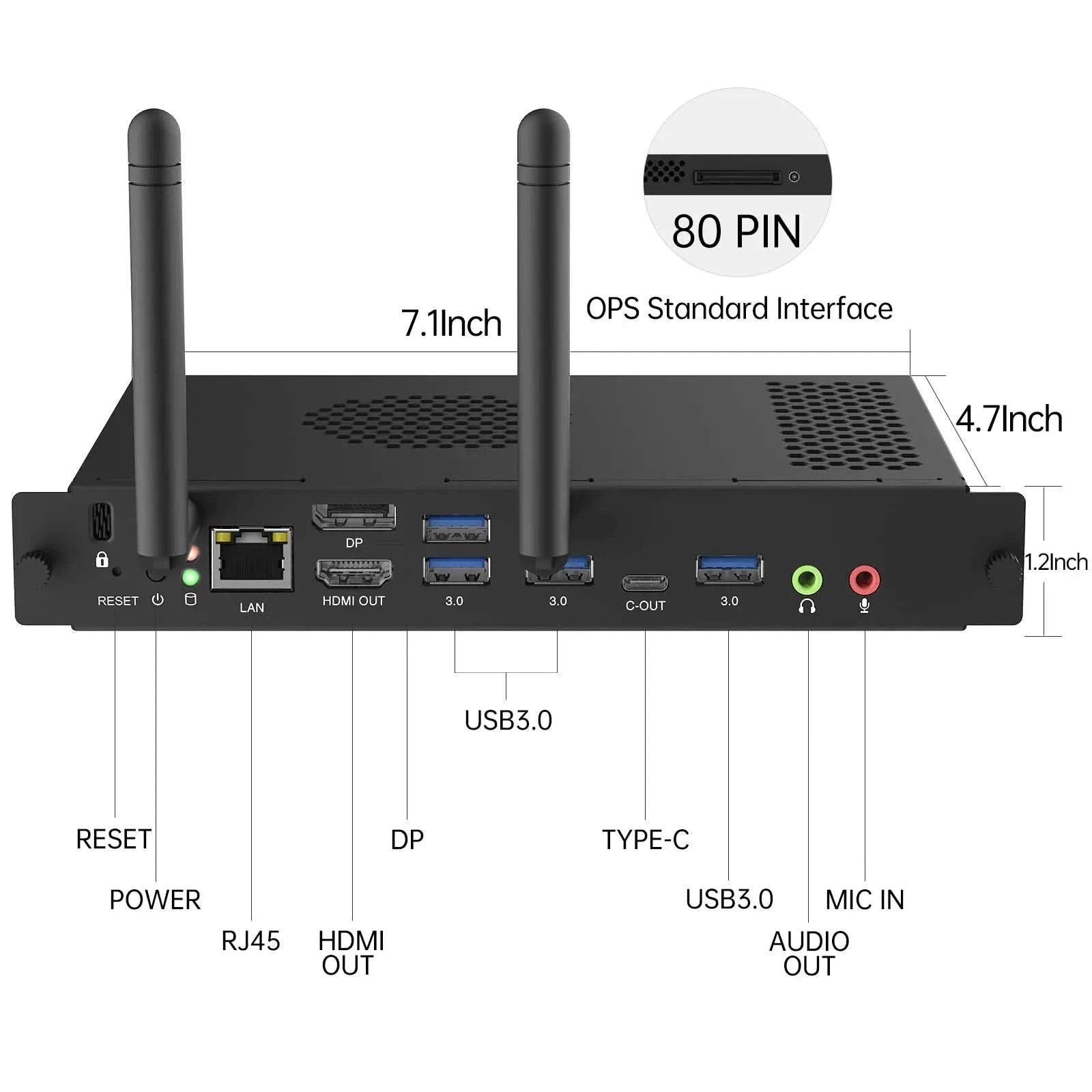 Technical diagram detailing dimensions and ports of the JAV Windows OPS 72A Mini PC Module. Key dimensions labeled include: 7.1-inch width, 4.7-inch height, and 1.2-inch depth. Ports clearly marked are: RESET, POWER, RJ45 LAN, HDMI Out, DisplayPort (DP), USB 3.0, USB-C (Type-C), and audio input/output jacks. The diagram also highlights the 80-PIN OPS Standard Interface. This image provides technical specifications for system integrators and product specifications.
